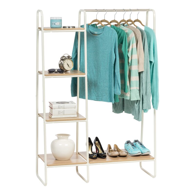 Metal Garment Rack with Wood Shelves, White and cheapest Light Brown